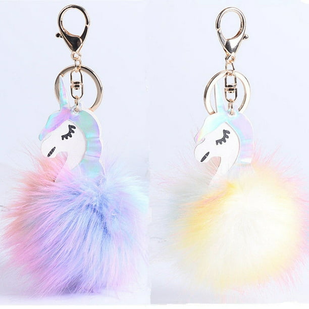 Lovely Fluffy Unicorn Key Chain Rabbit Fur Pompom Ball Keyring for Purse Handbag 